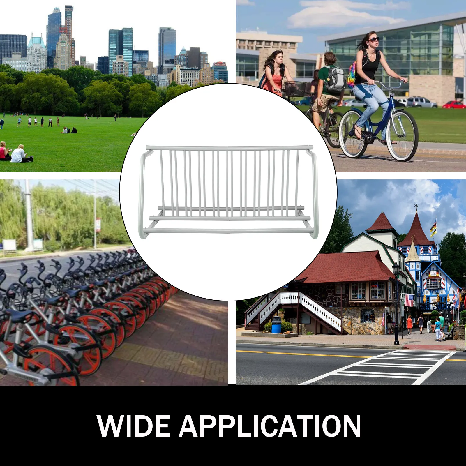 VEVOR bike rack in various locations: a park, a street, a campus, and a town, showcasing its wide application.