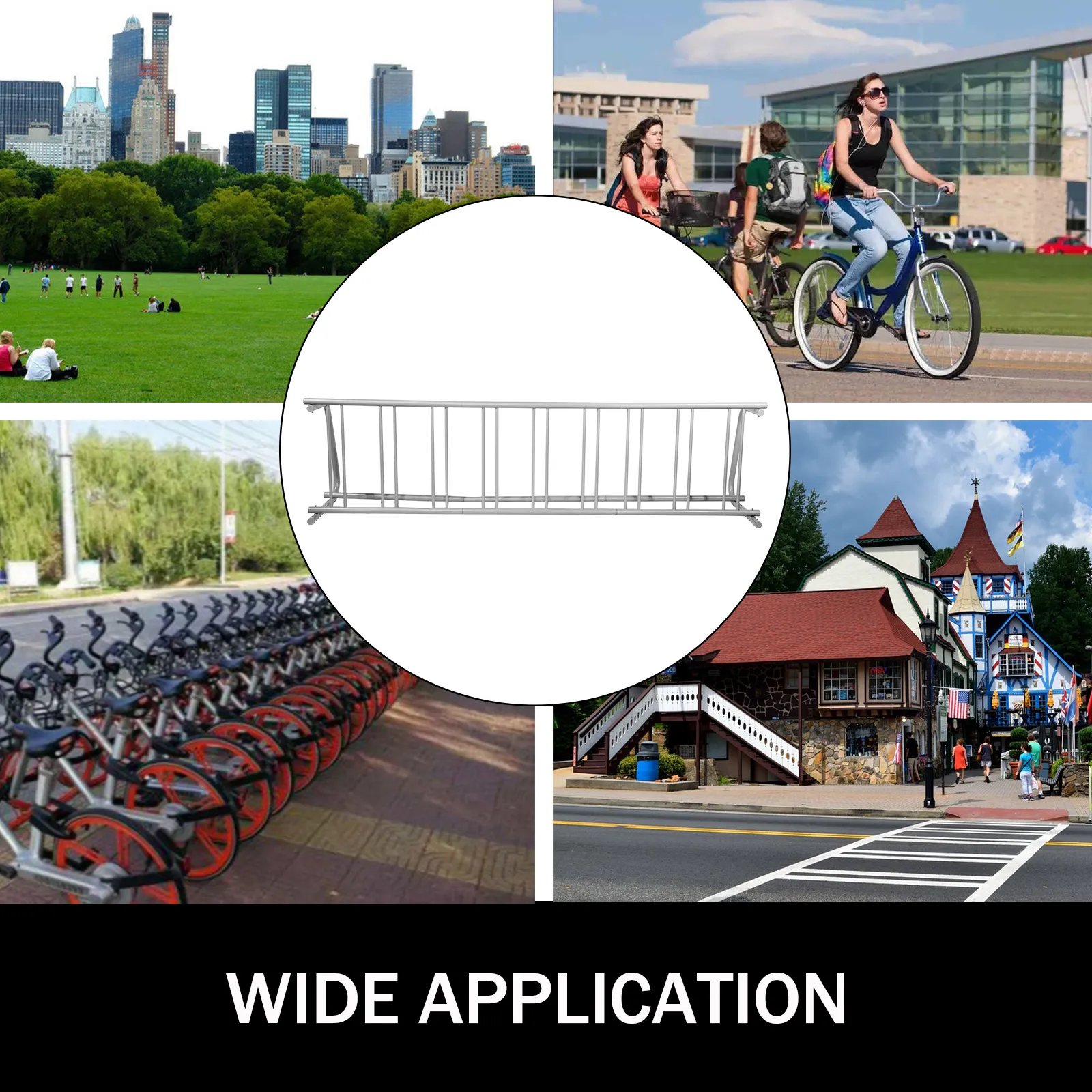 VEVOR bike rack in various urban and rural settings showcasing wide application.