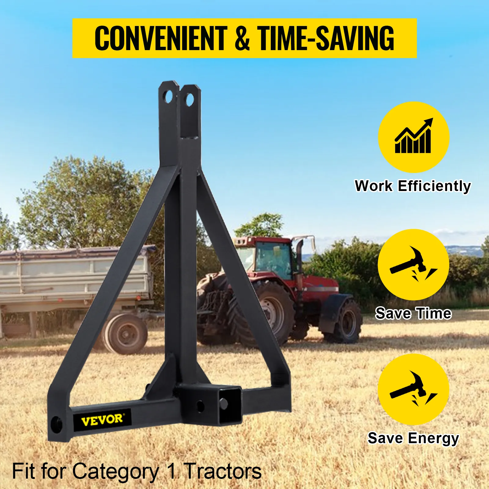 VEVOR trailer hitch for category 1 tractors, efficient and time-saving attachment.
