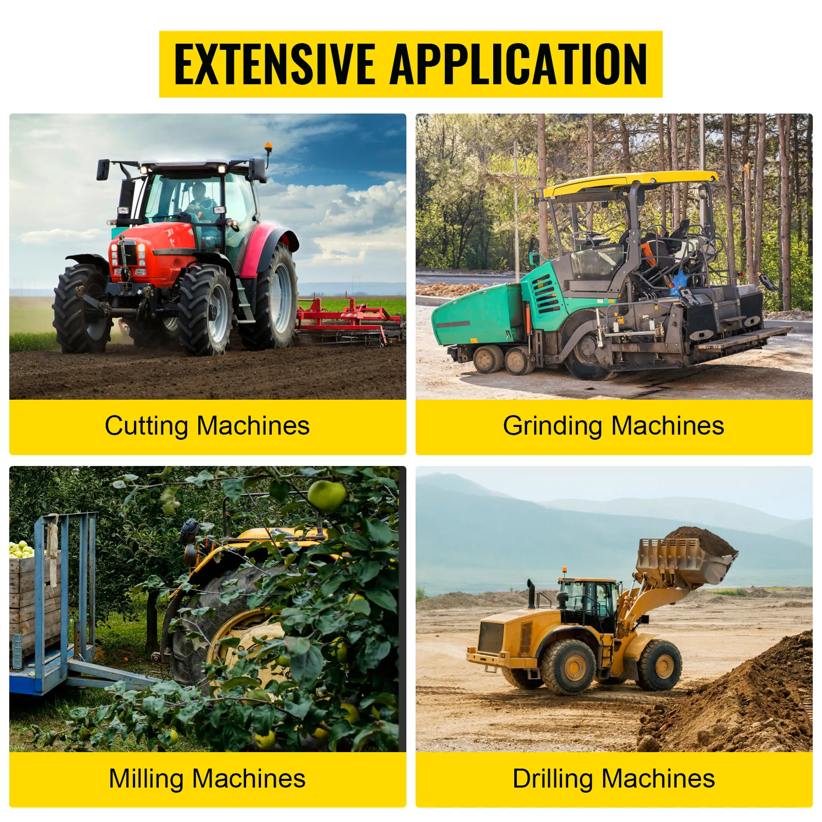 tractors cutting and drilling, machines for milling and grinding; extensive application.