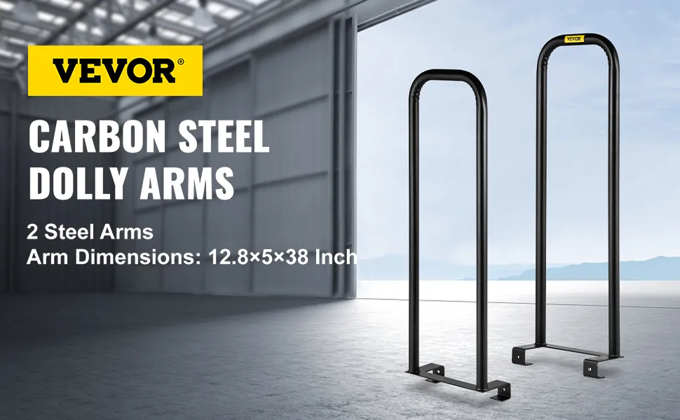 VEVOR dolly converter carbon steel dolly arms in a warehouse with mountain view.