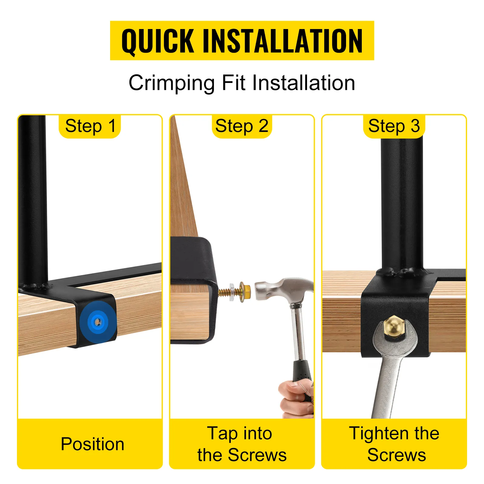 quick installation guide for VEVOR dolly converter: position, tap screws, tighten screws.