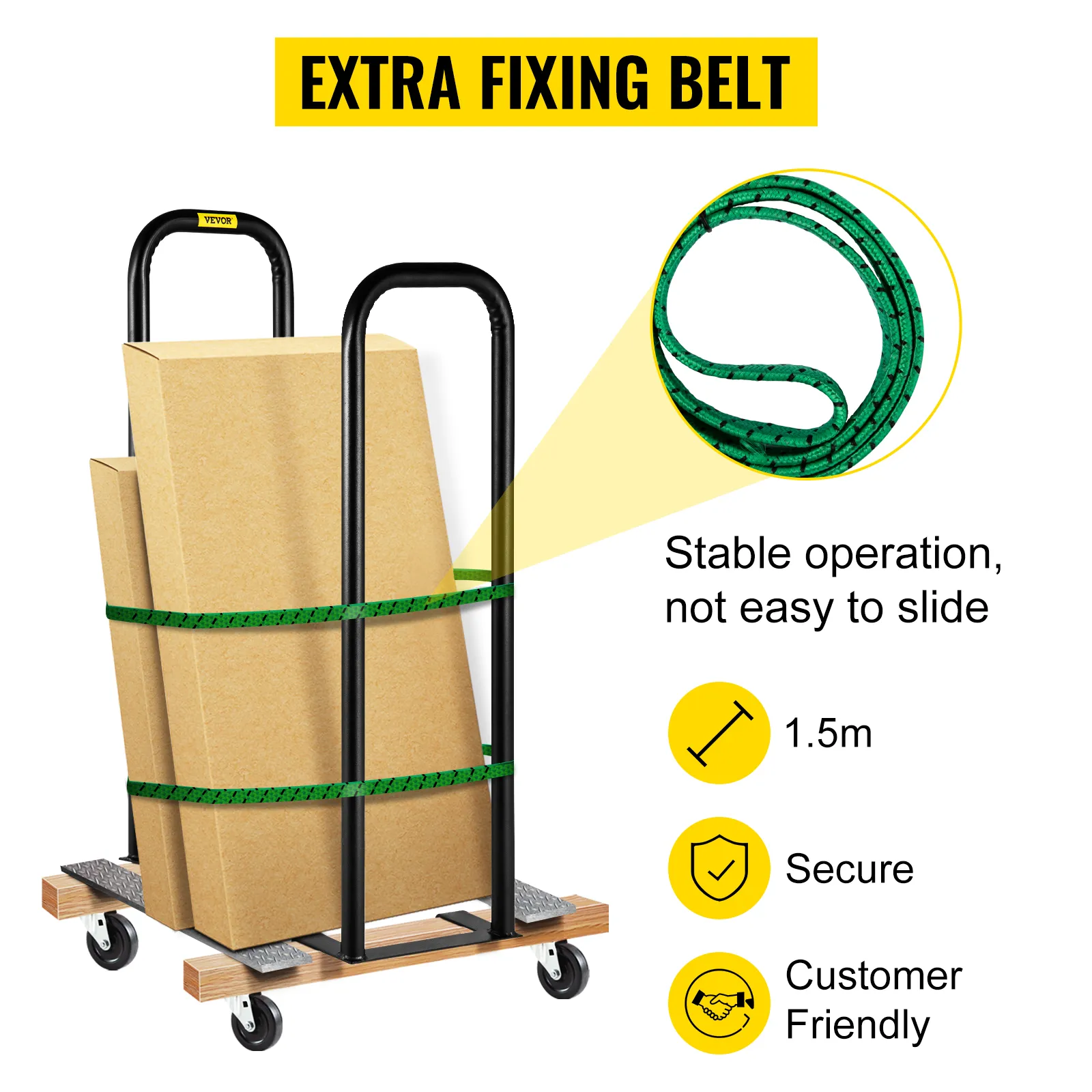 VEVOR dolly converter with extra fixing belt and secure green straps for stable operation.