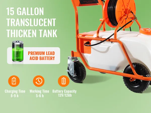 Akkubetriebener Rasensprüher von VEVOR mit 15-Gallonen-Tank, 12 V, 12 Ah Kapazität, hochwertiger Blei-Säure-Akku.