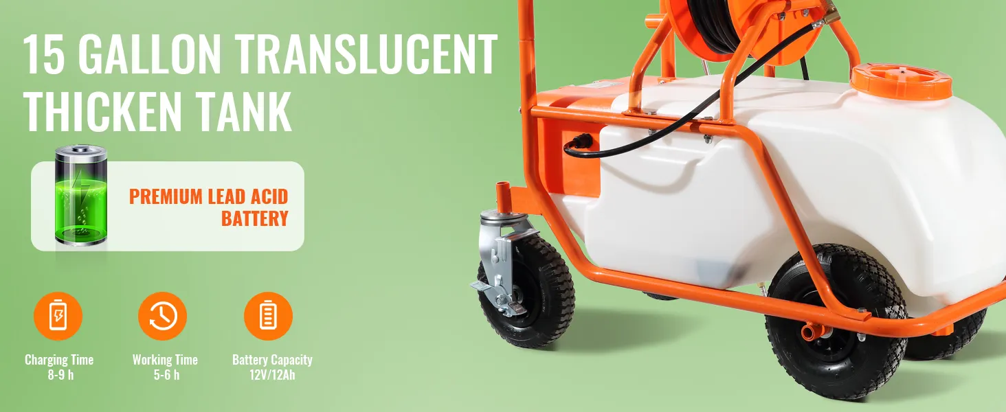 15-gallon tank VEVOR battery powered lawn sprayer, 12v 12ah capacity, premium lead-acid battery.
