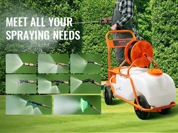 Akku-Rasensprüher von VEVOR zum Bewässern von Gras, mit verschiedenen Sprühdüsen.