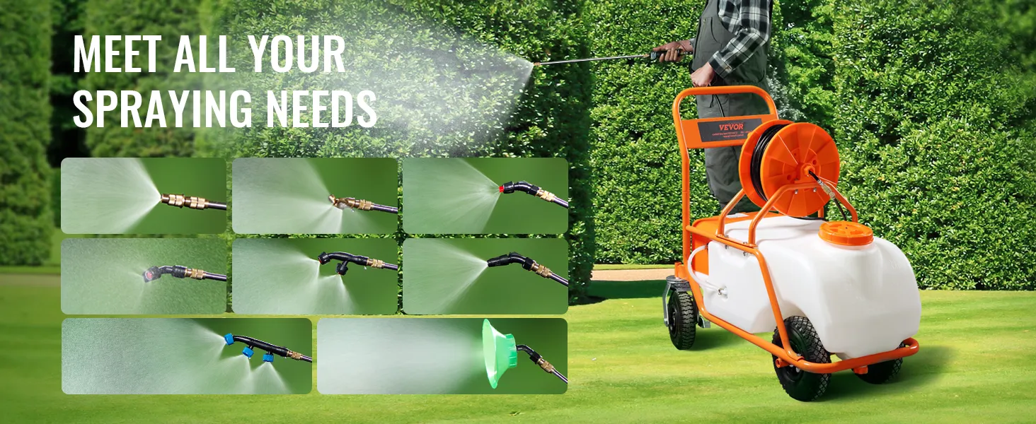 VEVOR battery powered lawn sprayer used to water grass, featuring various spraying nozzles.