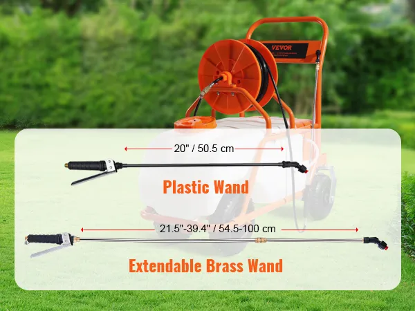 Batteriebetriebener Rasensprüher von VEVOR auf Rädern mit Kunststoff- und ausziehbaren Messingstäben.