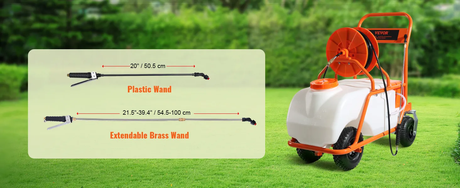 VEVOR battery powered lawn sprayer on wheels with plastic and extendable brass wands.