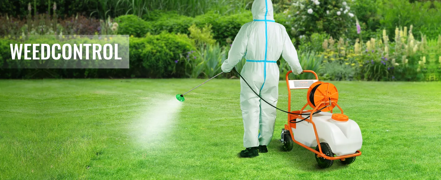 person using VEVOR battery powered lawn sprayer for weed control in a lush garden.