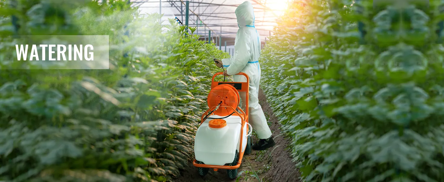 gardener using VEVOR battery powered lawn sprayer in greenhouse, surrounded by lush green plants.