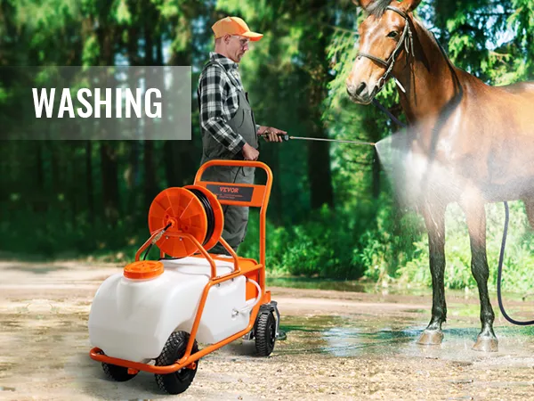 Waschen eines Pferdes mit einer batteriebetriebenen Rasenspritze von VEVOR im Freien.