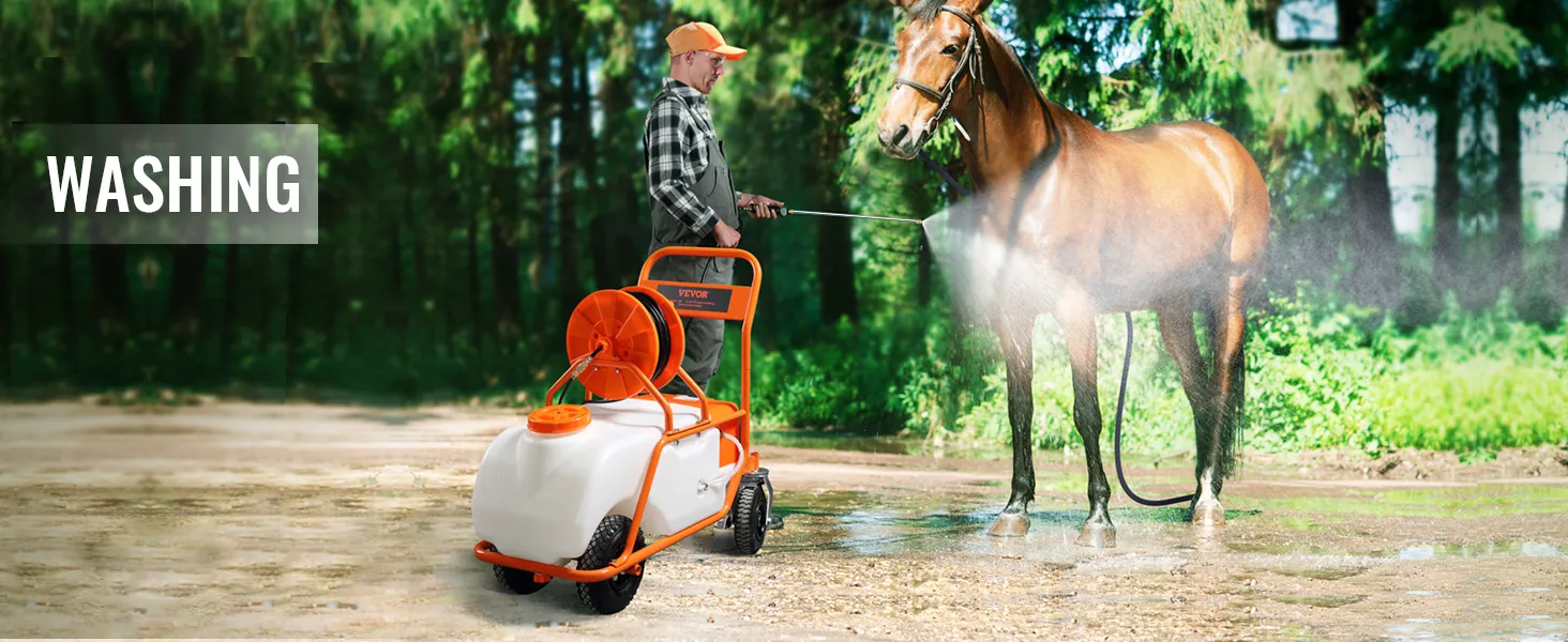 washing a horse with a VEVOR battery powered lawn sprayer in an outdoor setting.
