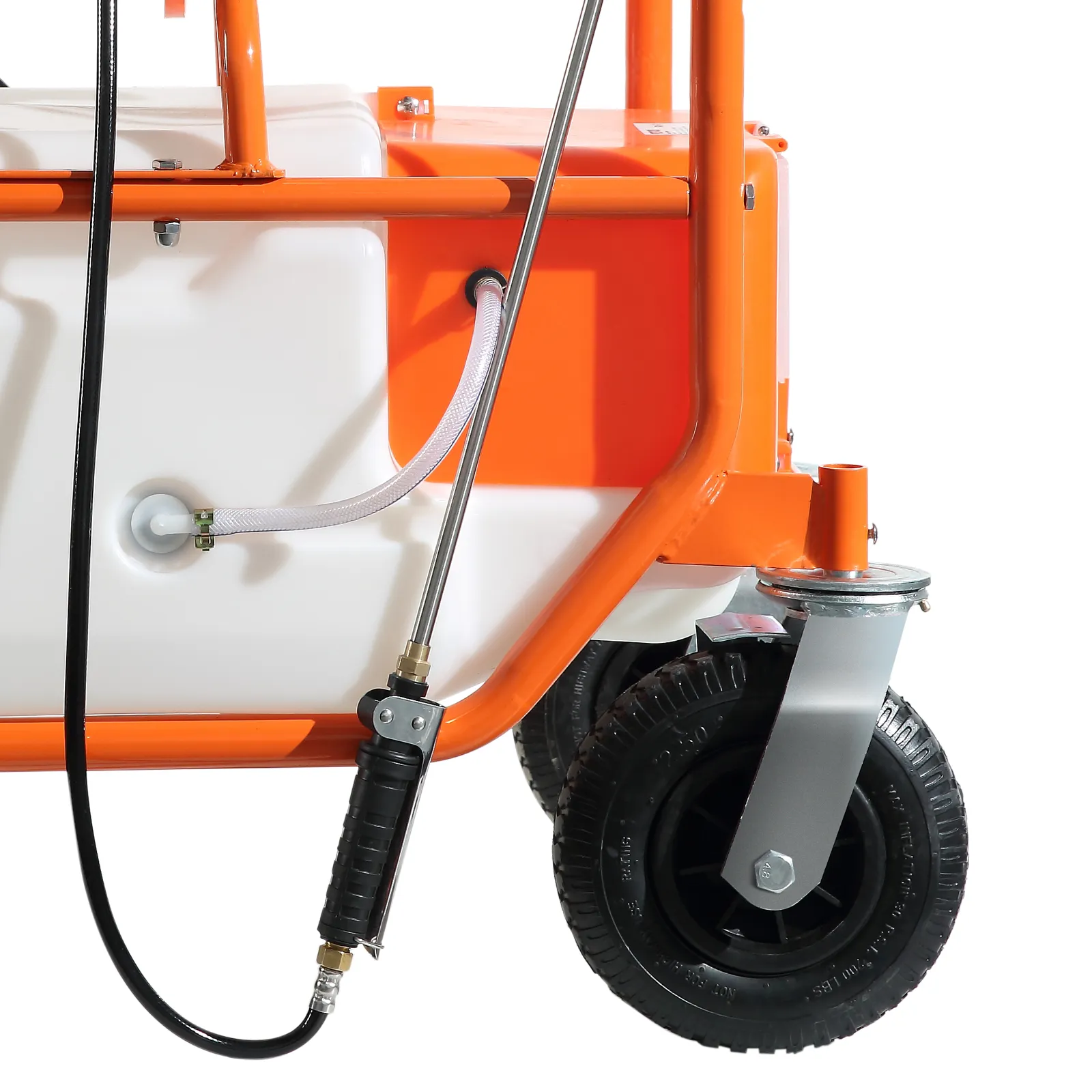 VEVOR battery powered lawn sprayer with orange frame, white tank, hose, and black wheel.