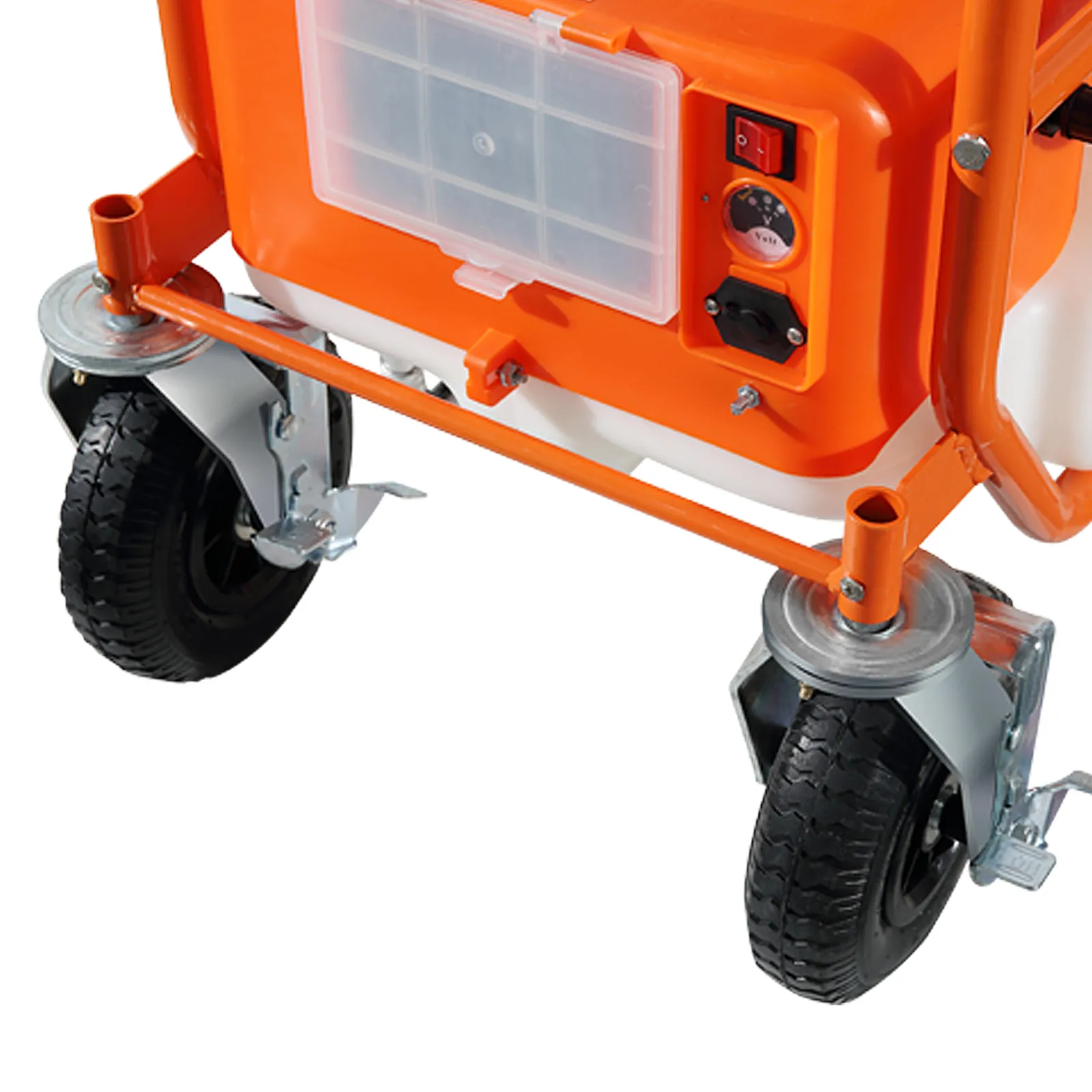VEVOR battery powered lawn sprayer base with wheels, control panel, and storage box.