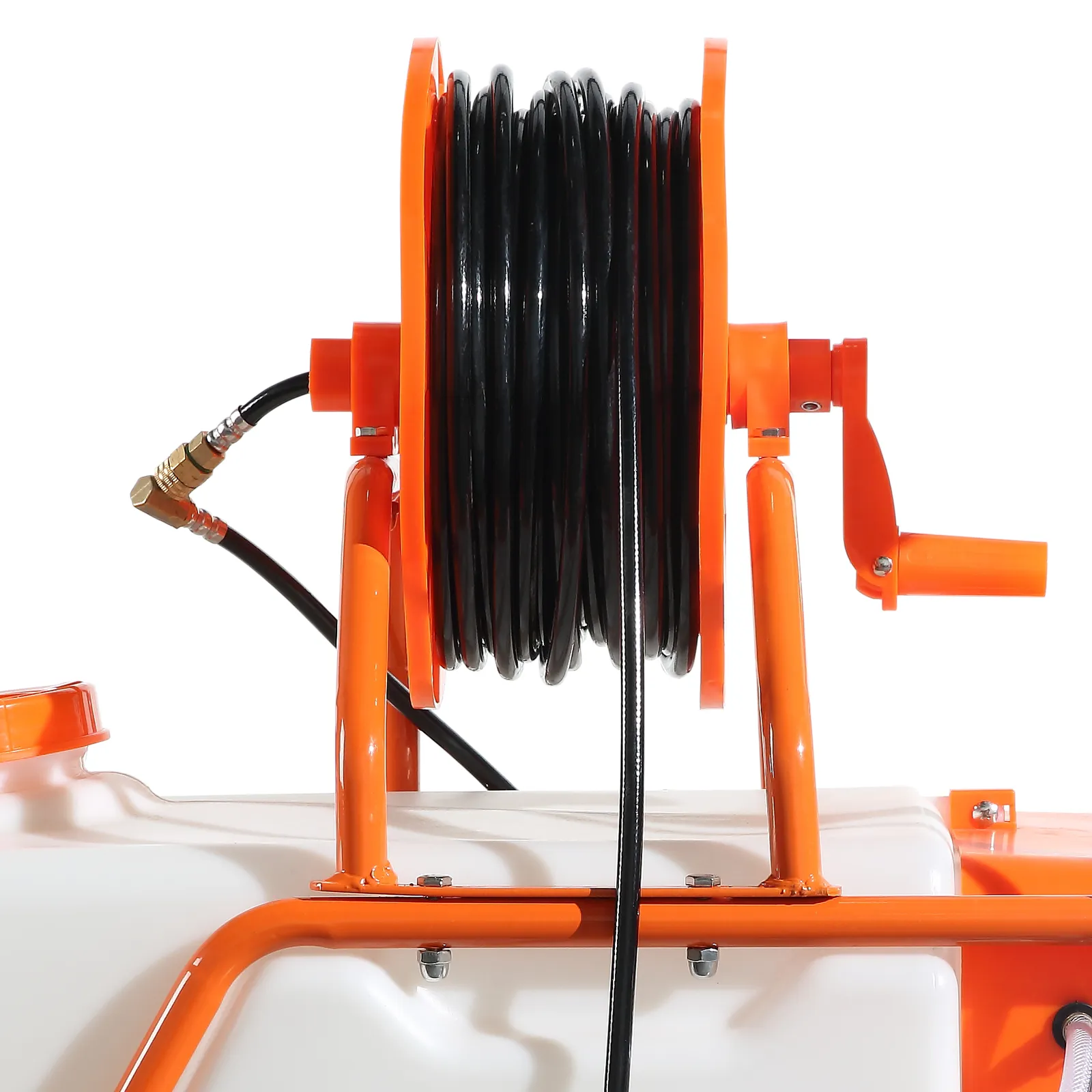 VEVOR battery powered lawn sprayer with orange frame and black hose reel.