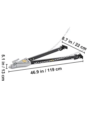 VEVOR trekhaak, 128 cm lang, zwart met ketting en kleine metalen trekhaak, gemeten afmetingen.