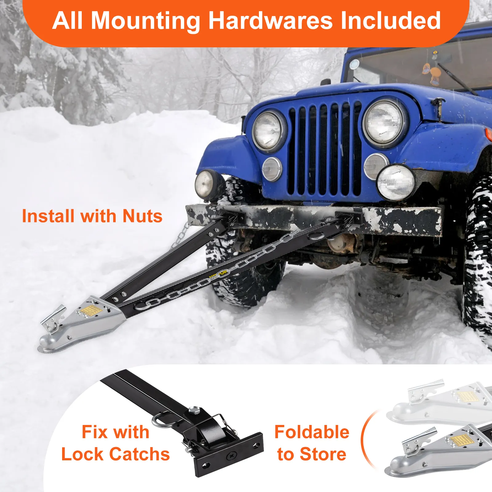 Besneeuwde jeep uitgerust met VEVOR-trekhaak, inclusief alle bevestigingsmaterialen, slotvergrendelingen, opvouwbaar voor opslag.