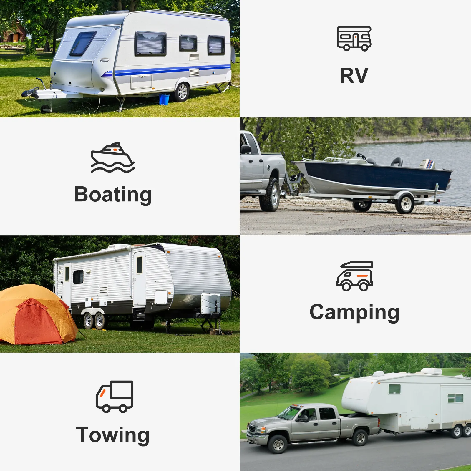 scènes over campers, boten, kamperen en slepen, met de VEVOR-trekhaak als veelzijdige transportoplossing.