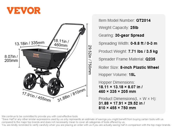 VEVOR broadcast spreader gt2014 with 30-gear spread, 8-inch wheels, and a 25lb weight capacity.
