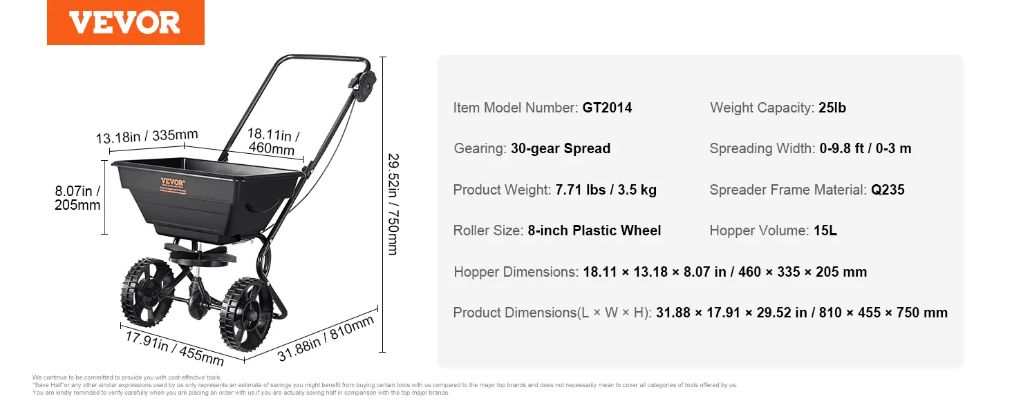 VEVOR broadcast spreader gt2014 with 30-gear spread, 8-inch wheels, and a 25lb weight capacity.