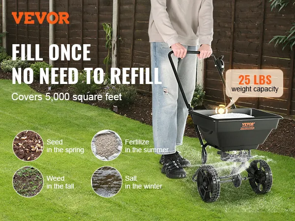 VEVOR broadcast spreader with 15l hopper, 25 lbs capacity, covering 5,000 sq ft, used all year round.