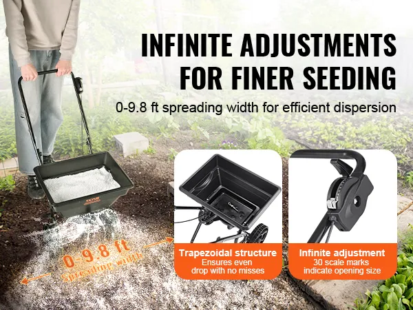 VEVOR broadcast spreader with trapezoidal structure, infinite adjustment, and up to 9.8 ft spreading width.