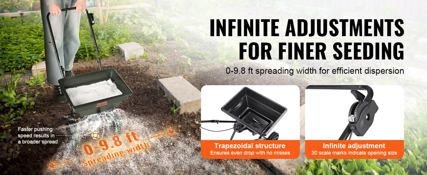 VEVOR broadcast spreader with trapezoidal structure, infinite adjustment, and up to 9.8 ft spreading width.