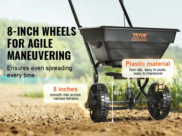 8-inch wheels on VEVOR broadcast spreader ensure smooth ride and even spreading across various terrains.