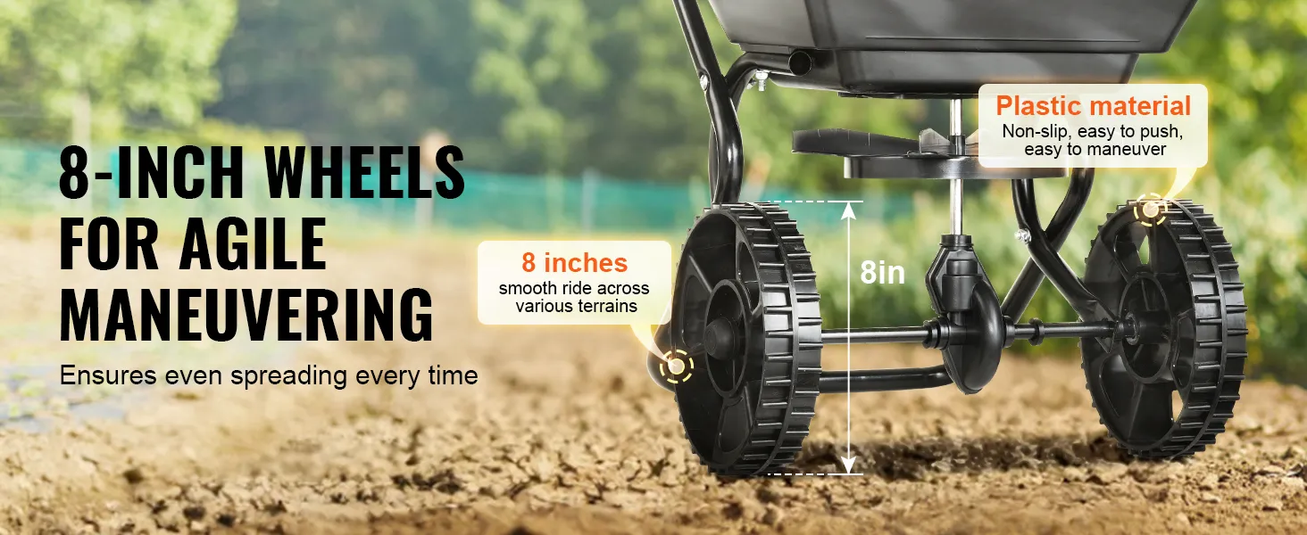8-inch wheels on VEVOR broadcast spreader ensure smooth ride and even spreading across various terrains.