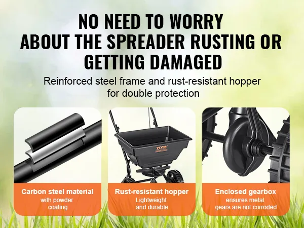 VEVOR broadcast spreader with rust-resistant hopper, carbon steel frame, and enclosed gearbox for durability.