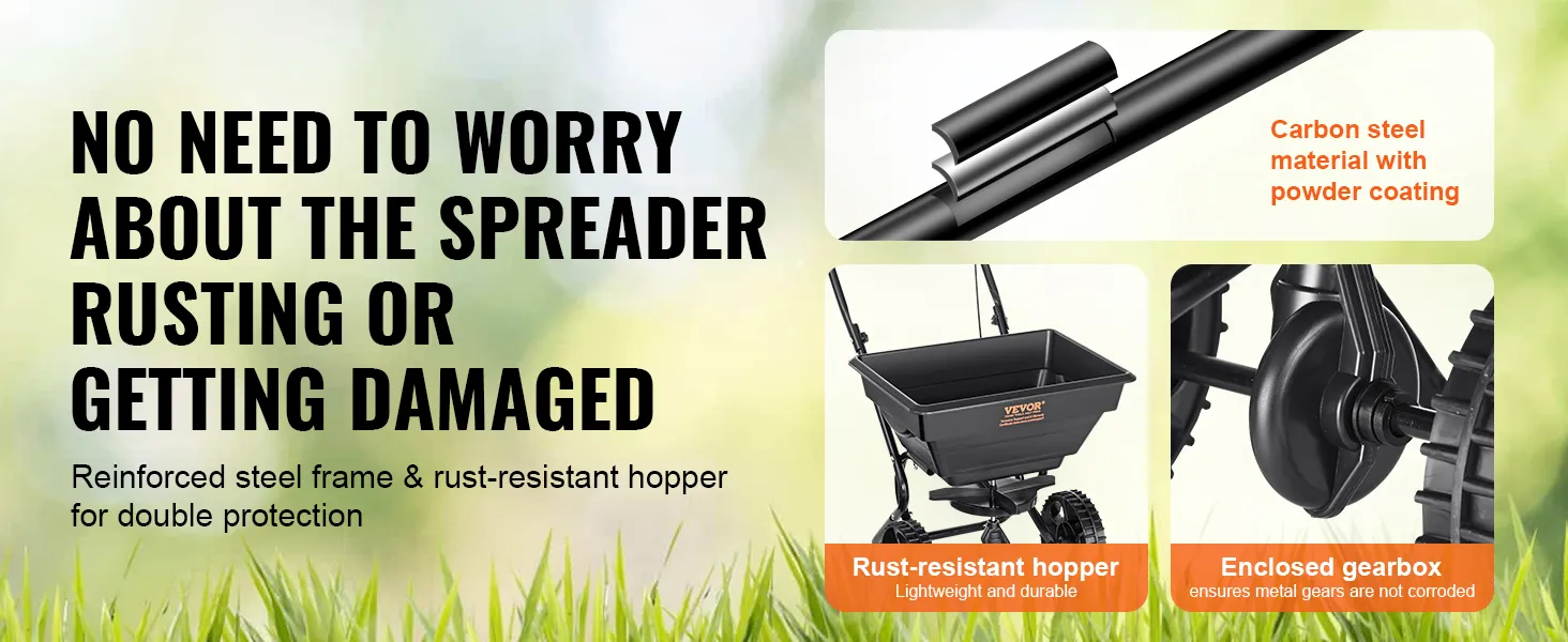 VEVOR broadcast spreader with rust-resistant hopper, carbon steel frame, and enclosed gearbox for durability.