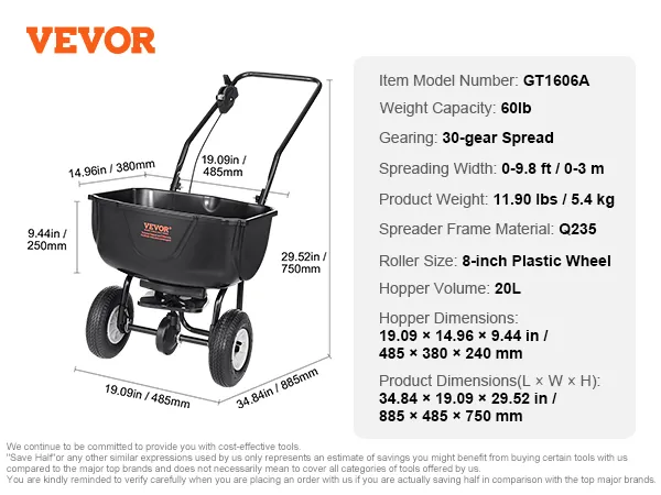 VEVOR strooiwagen gt1606a, capaciteit 60 lb, 30-versnellingsstrooier, 8-inch wielen, afmetingen: 34,84" x 19,09" x 29,52".