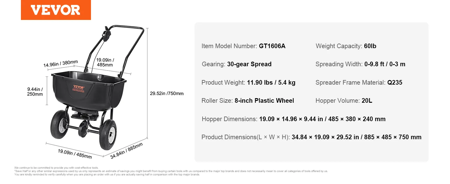 VEVOR strooiwagen gt1606a, capaciteit 60 lb, 30-versnellingsstrooier, 8-inch wielen, afmetingen: 34,84" x 19,09" x 29,52".