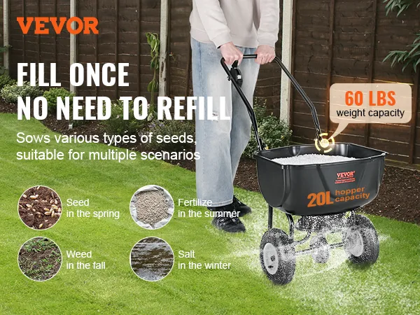 VEVOR-strooier in gebruik, capaciteit van 60 lbs, 20 l trechter, zaait zaden, bemest en wiedt onkruid het hele jaar door.