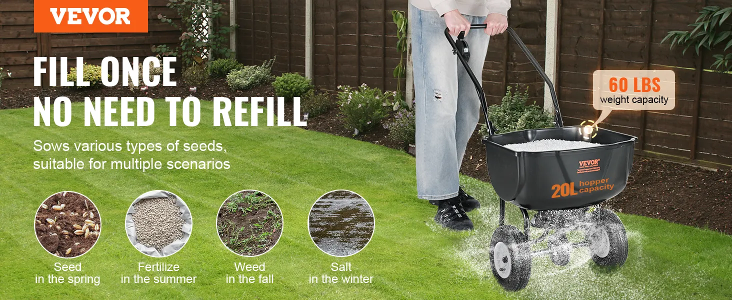 VEVOR-strooier in gebruik, capaciteit van 60 lbs, 20 l trechter, zaait zaden, bemest en wiedt onkruid het hele jaar door.