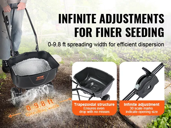 VEVOR-strooimachine met trapeziumvormige structuur met een strooibreedte van 0-3 m voor zaaidoeleinden.