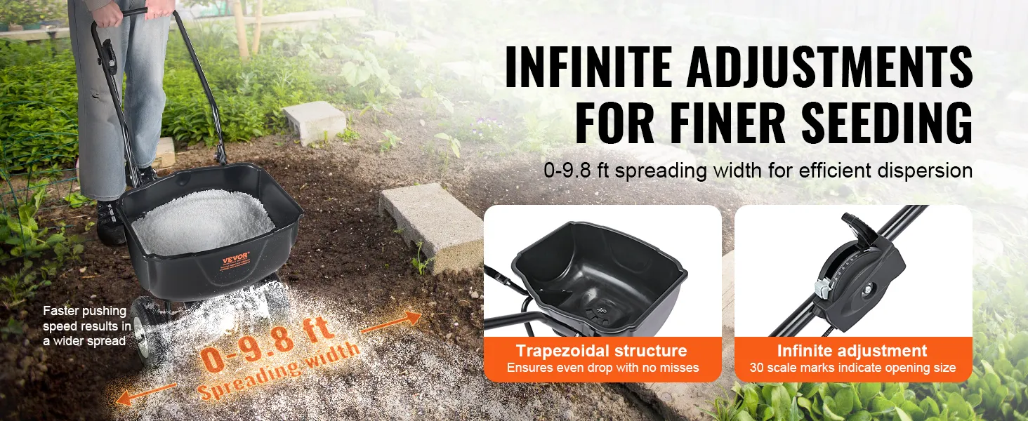 VEVOR-strooimachine met trapeziumvormige structuur met een strooibreedte van 0-3 m voor zaaidoeleinden.