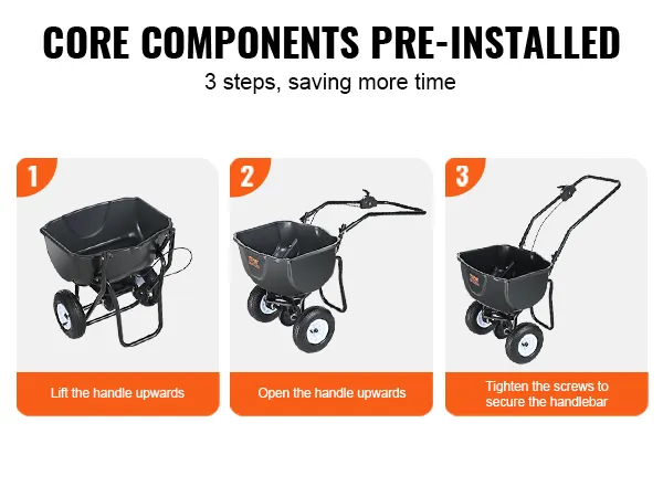 Montagehandleiding voor de VEVOR-strooier: til de handgreep op, open de handgreep en draai de schroeven vast. Stappen vooraf geïnstalleerd.