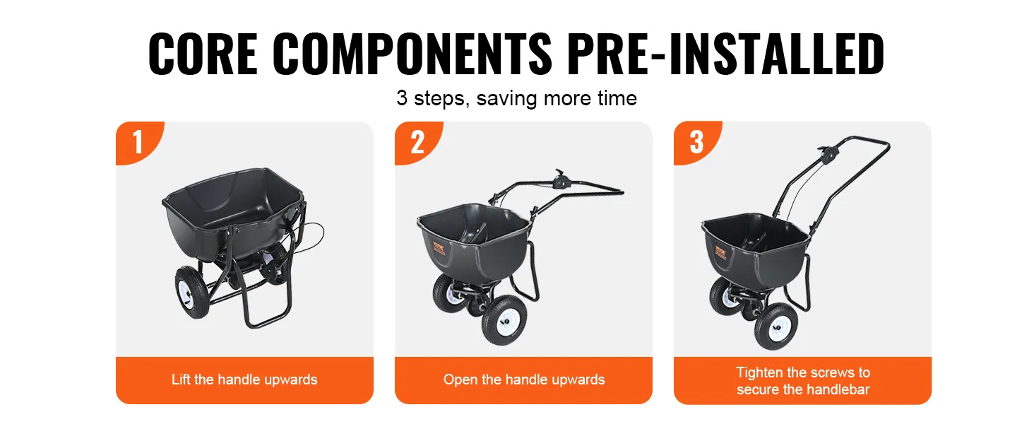 Montagehandleiding voor de VEVOR-strooier: til de handgreep op, open de handgreep en draai de schroeven vast. Stappen vooraf geïnstalleerd.