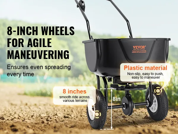 8-inch wielen op de VEVOR-strooier voor eenvoudig manoeuvreren en een soepele rit op verschillende terreinen.