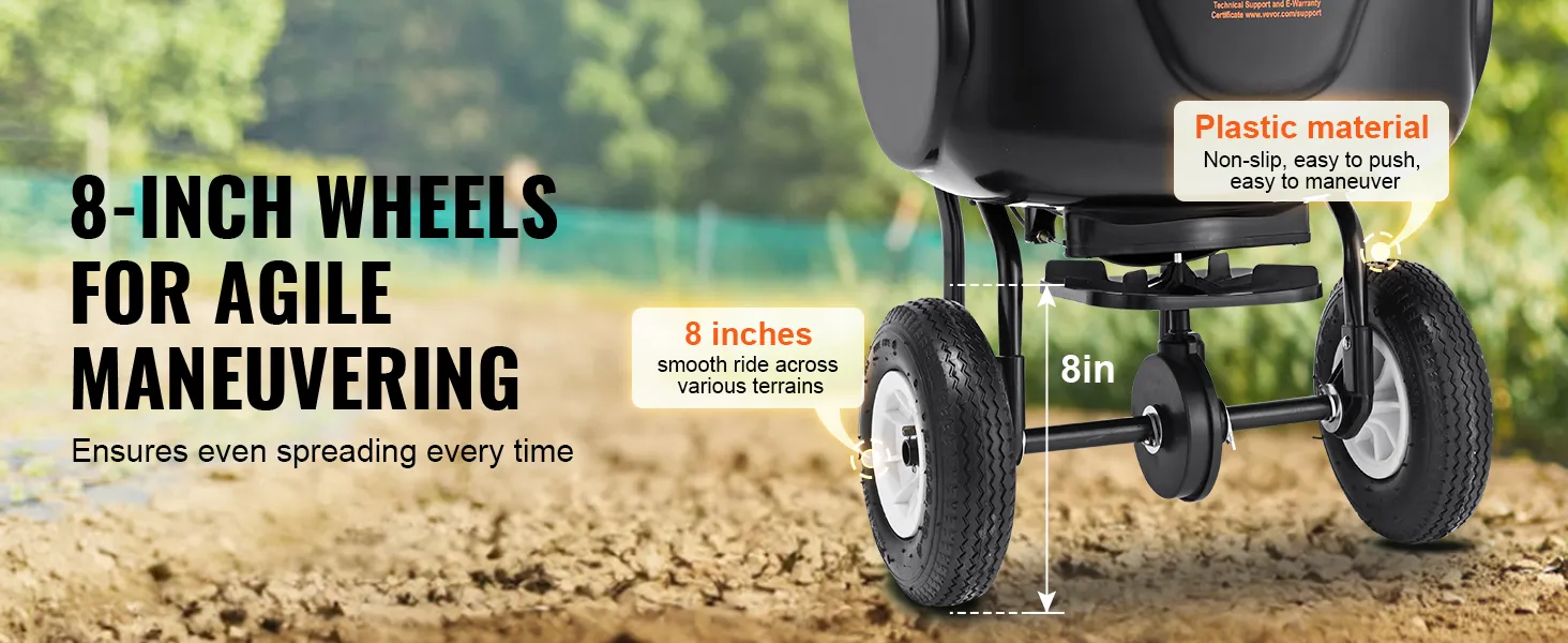 8-inch wielen op de VEVOR-strooier voor eenvoudig manoeuvreren en een soepele rit op verschillende terreinen.