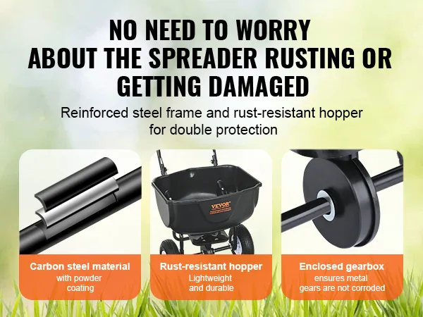 VEVOR-strooier met roestbestendige trechter, frame van koolstofstaal en gesloten versnellingsbak.