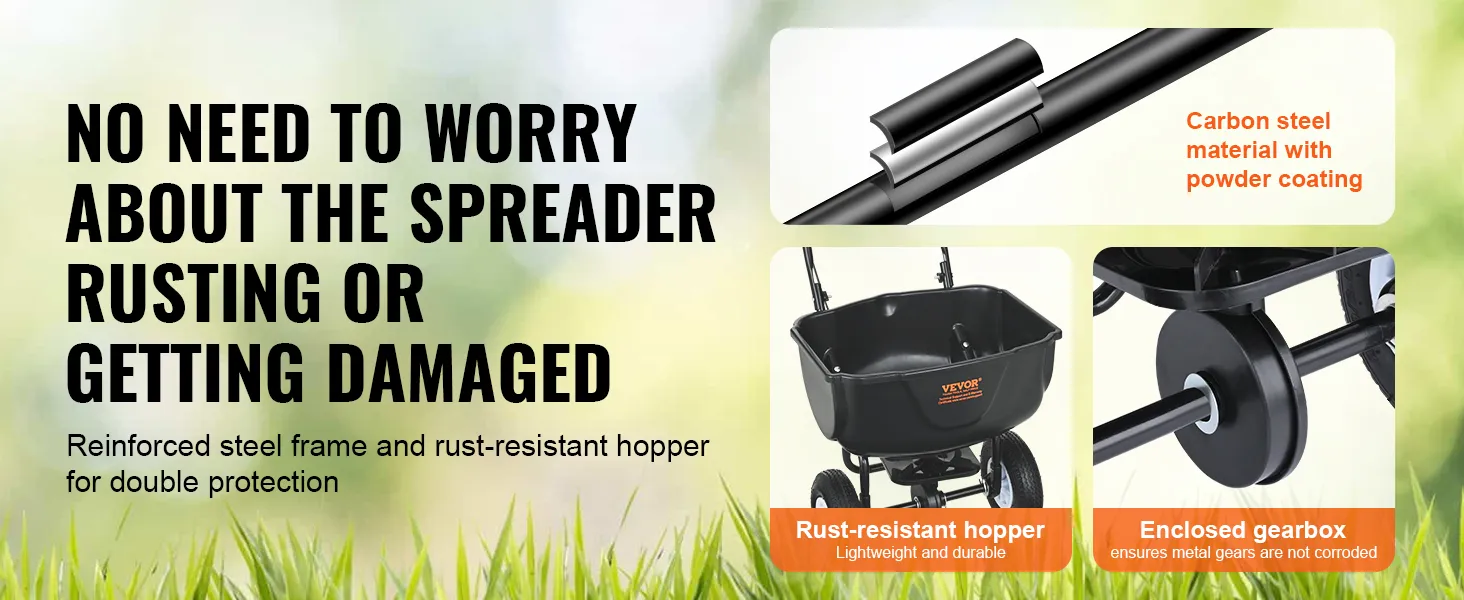 VEVOR-strooier met roestbestendige trechter, frame van koolstofstaal en gesloten versnellingsbak.