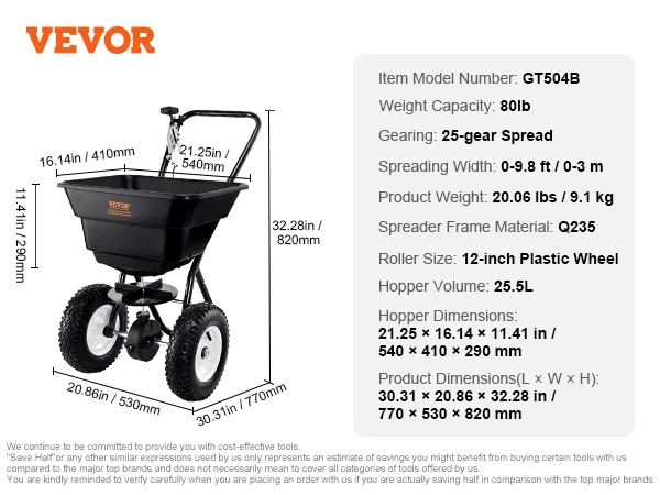 VEVOR Streuwagen gt504b mit 25-Gang-Streuung, 80 lb Fassungsvermögen, 25,5 l Trichter und 12-Zoll-Rädern.