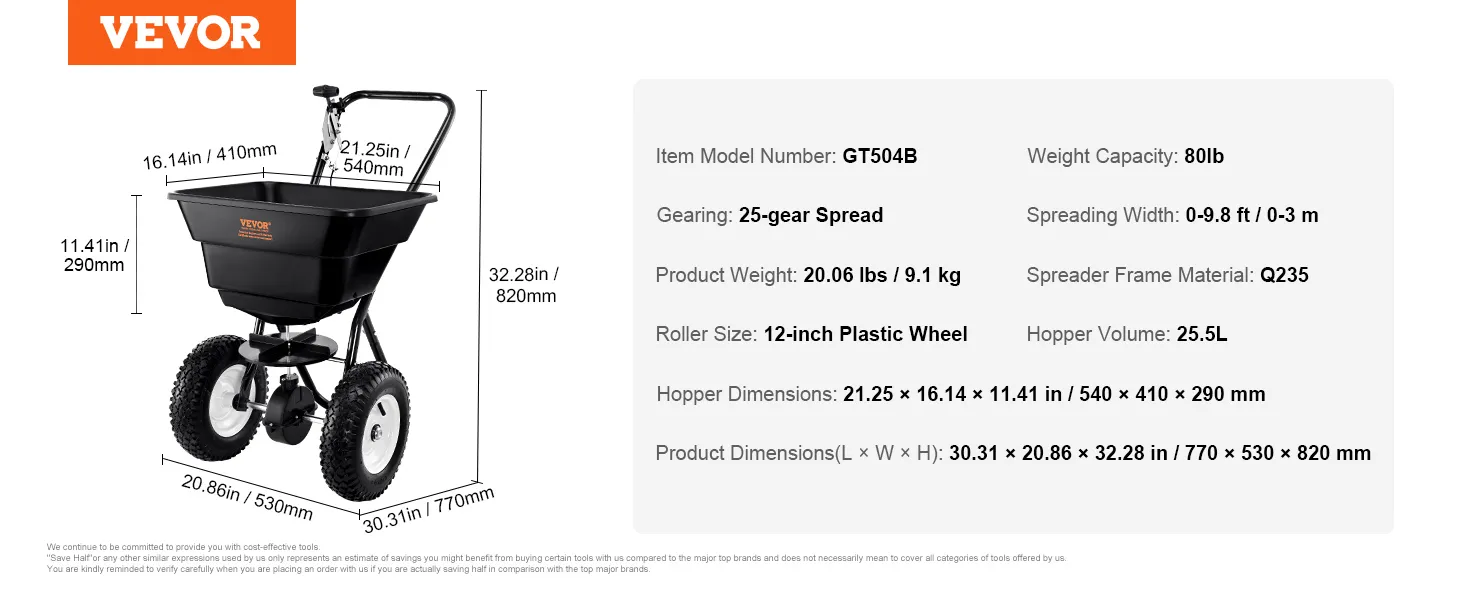 VEVOR Streuwagen gt504b mit 25-Gang-Streuung, 80 lb Fassungsvermögen, 25,5 l Trichter und 12-Zoll-Rädern.