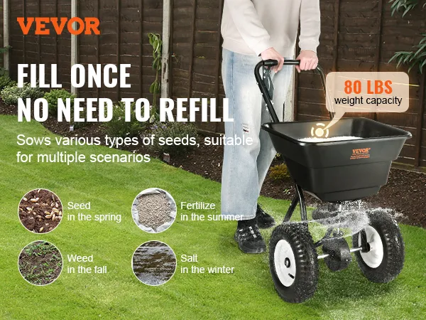 VEVOR-Streuwagen, 25,5 l Behälterkapazität, 80 lbs Tragkraft, ideal für alle Jahreszeiten.