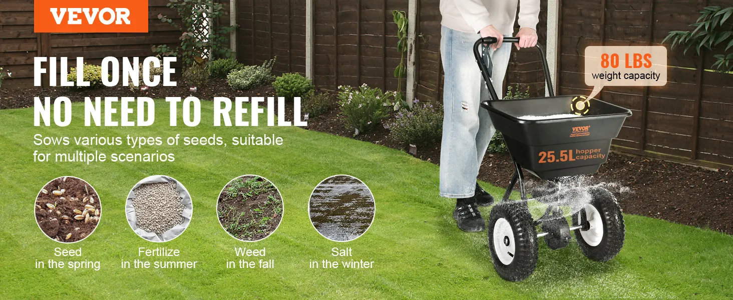 VEVOR-Streuwagen, 25,5 l Behälterkapazität, 80 lbs Tragkraft, ideal für alle Jahreszeiten.