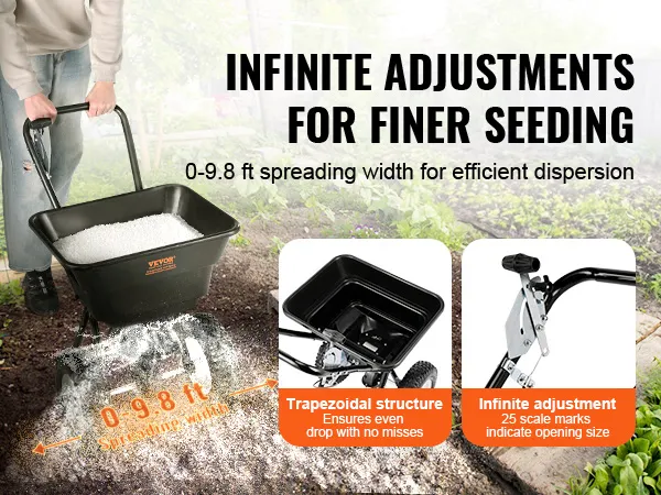 VEVOR-Streuwagen für effiziente Aussaat mit Streubreite von 0–3 m und stufenlosen Einstellungen.