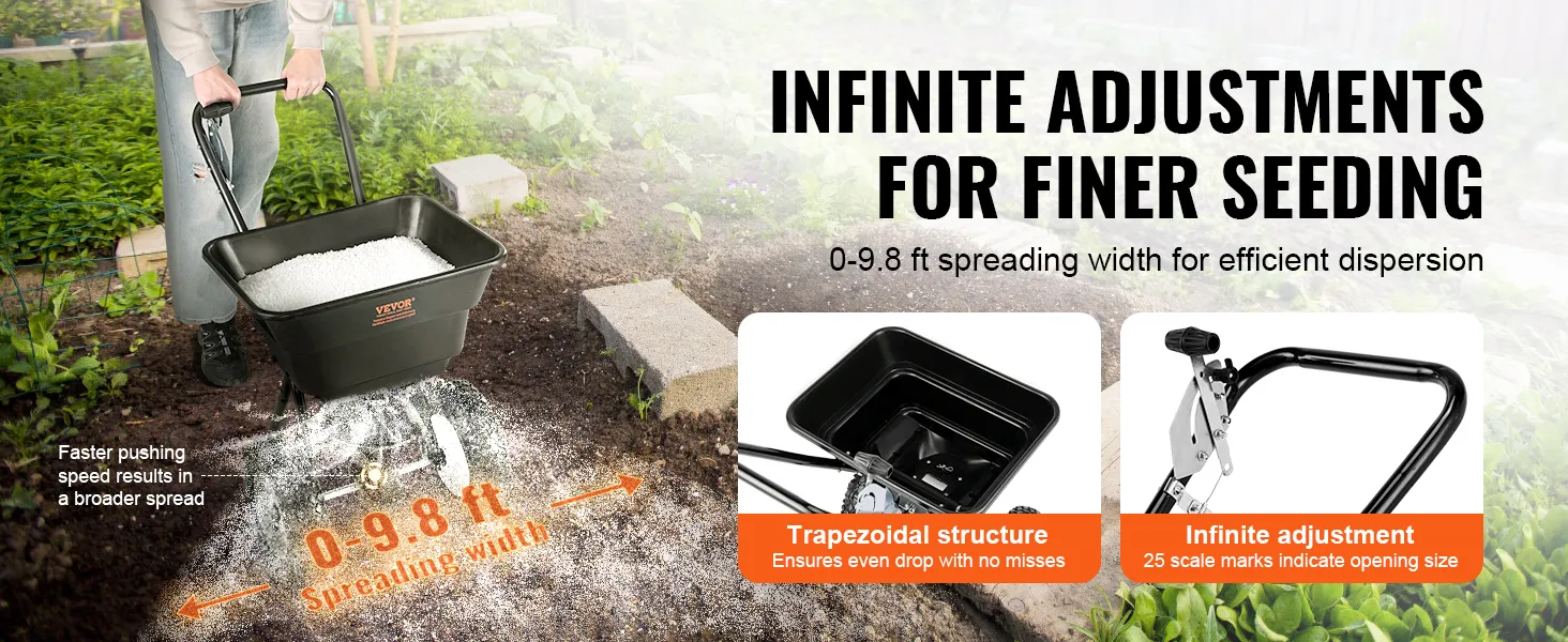VEVOR-Streuwagen für effiziente Aussaat mit Streubreite von 0–3 m und stufenlosen Einstellungen.